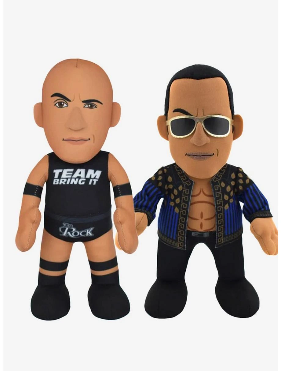 Boxlunch WWE Legend "The Rock" Bundle: "Team Bring It" Rock & Old School Rock Bleacher Creatures Plush Bundle
